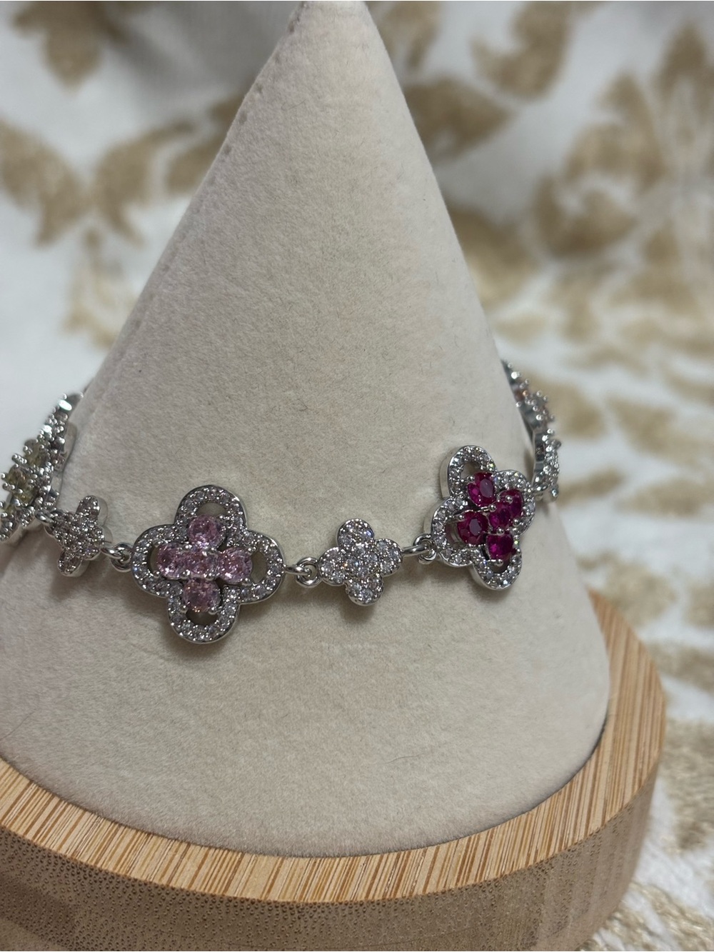 White Gold Clover Link Bracelet Multi Color Stones